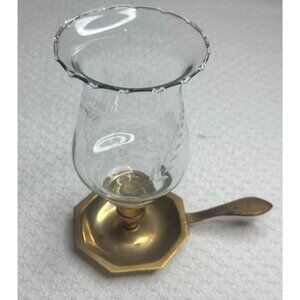 Etched Glass Hurricane Chamberstick Candle Holder Brass Base Handle Vintage